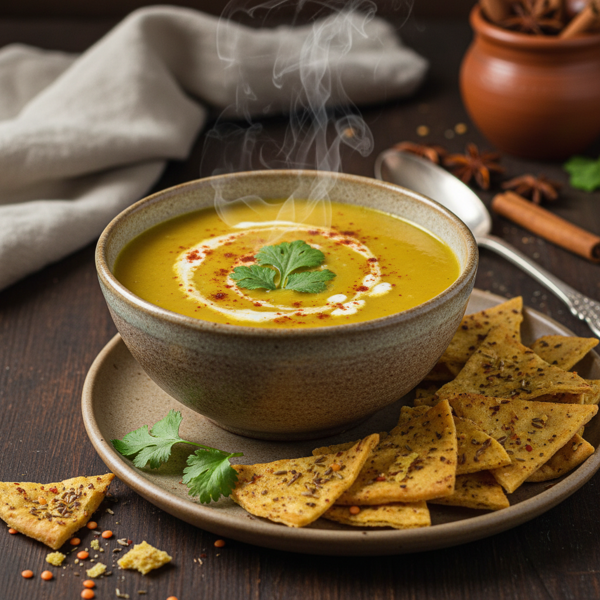 Savory Egyptian Yellow Lentil Soup with Spiced Pita Crisps recipe