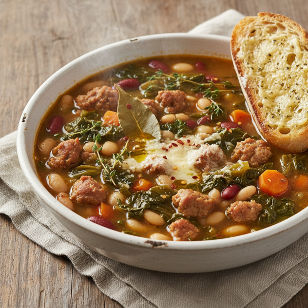 Savory Escarole and Turkey Sausage Bean Soup recipe
