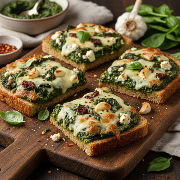 Savory Ezekiel Bread Pizzas with Garlic and Spinach recipe