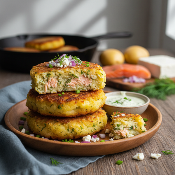 Savory Feta and Salmon Potato Cakes recipe