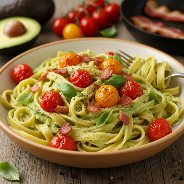 Savory Fettuccine with Roasted Cherry Tomatoes, Creamy Avocado, and Crispy Bacon recipe