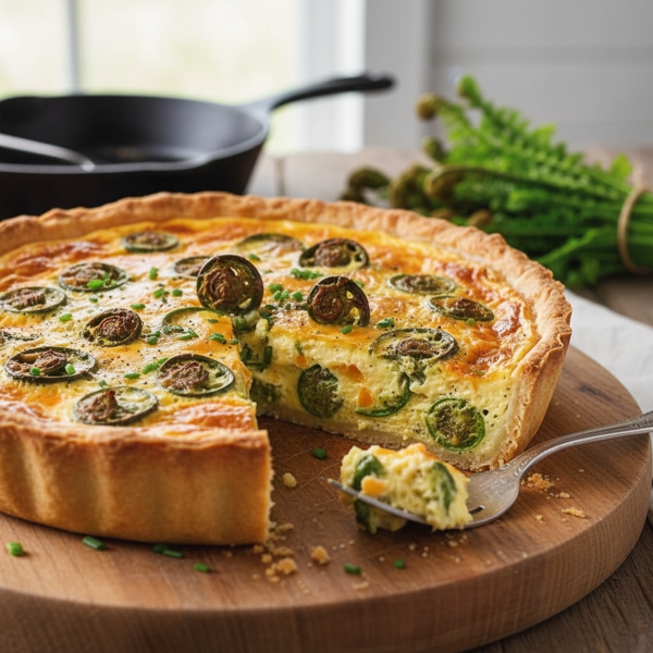 Savory Fiddlehead Fern & Cheddar Quiche recipe