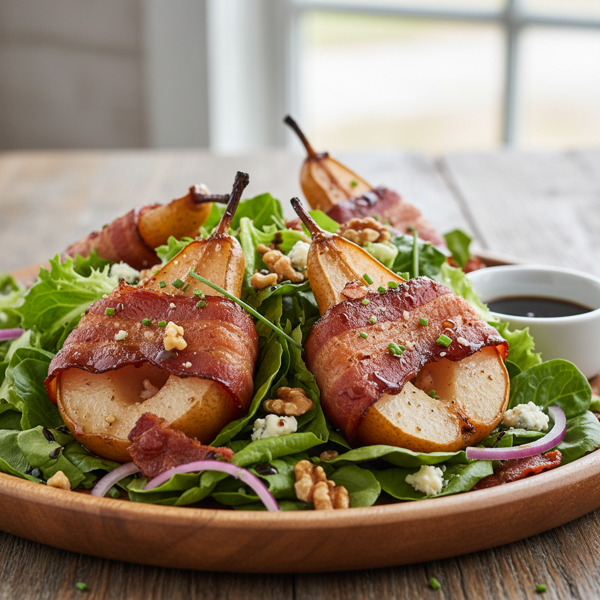 Savory Field Greens with Crispy Bacon-Wrapped Pears recipe