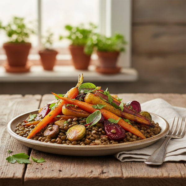 Savory French Green Lentils with Glazed Seasonal Vegetables recipe