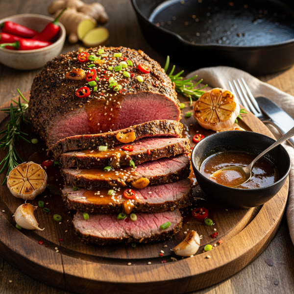 Savory Garlic-Infused Beef Roast with Spicy Teriyaki Glaze recipe