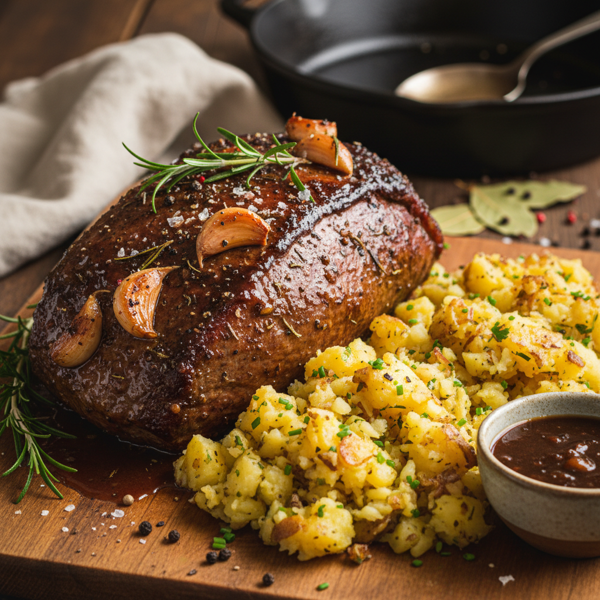 Savory Garlic-Infused Pot Roast with Herbed Smashed Potatoes recipe