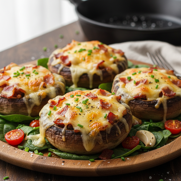 Savory Garlic Bacon & Cheese Stuffed Portobello Caps recipe
