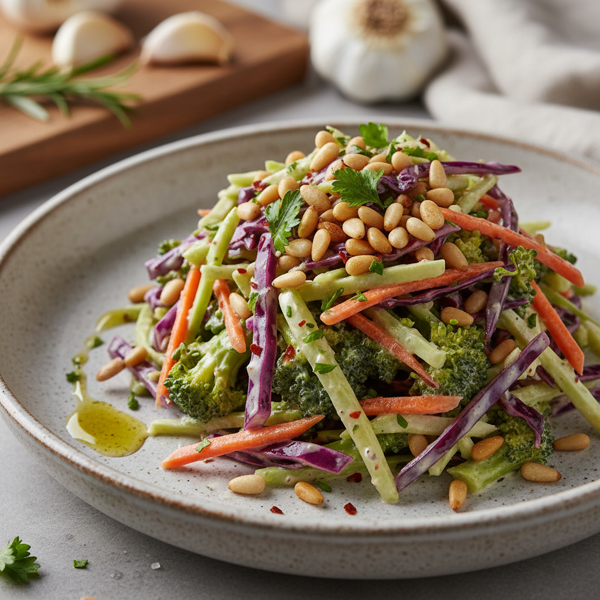 Savory Garlic Broccoli Slaw with Toasted Pine Nuts recipe