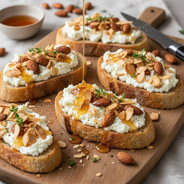 Savory Goat Cheese and Crunchy Almond Tartine with Honey Drizzle recipe
