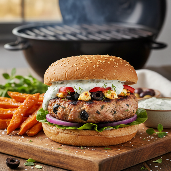 Savory Greek-Style Barbecue Turkey Burgers with Feta and Olives recipe