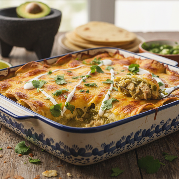 Savory Green Chile Chicken Enchilada Bake recipe