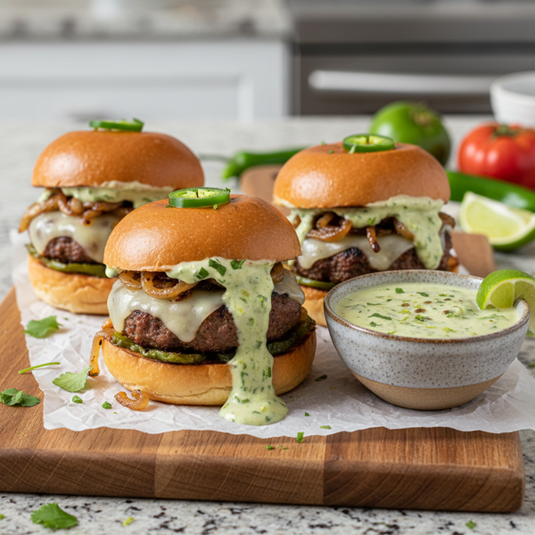 Savory Green Chile Sliders with Zesty Tomatillo Lime Sauce recipe