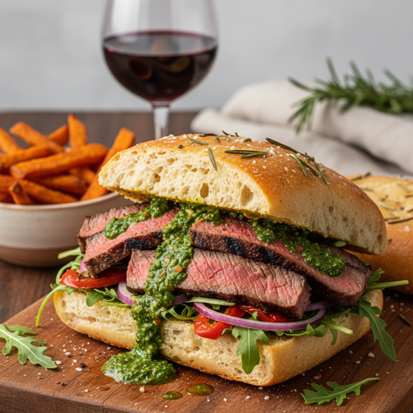 Savory Grilled Flank Steak Sandwich on Rosemary Focaccia recipe