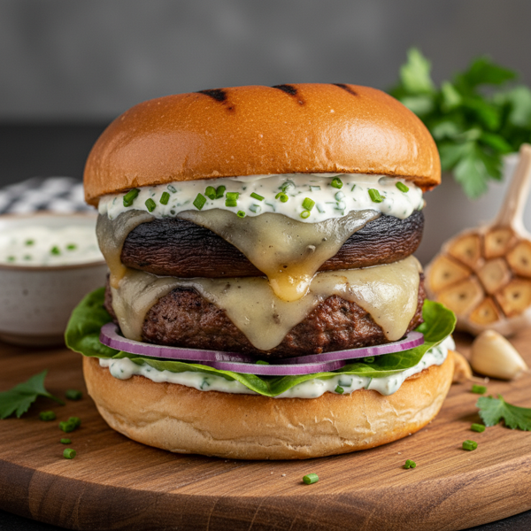 Savory Grilled Portabella Gouda Burger with Garlic Aioli recipe