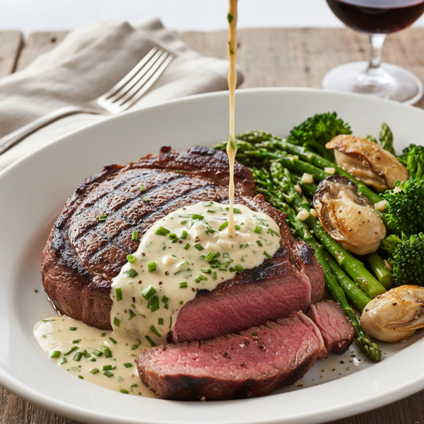 Savory Grilled Rib Eyes with Creamy Oyster Sauce and Broccoli Medley recipe