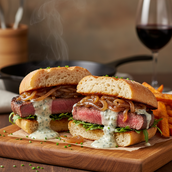 Savory Grilled Steak Sandwich with Sweet Caramelized Onions and Creamy Blue Cheese Sauce recipe