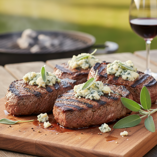 Savory Grilled Strip Loin Steaks with Blue Cheese and Fresh Sage recipe