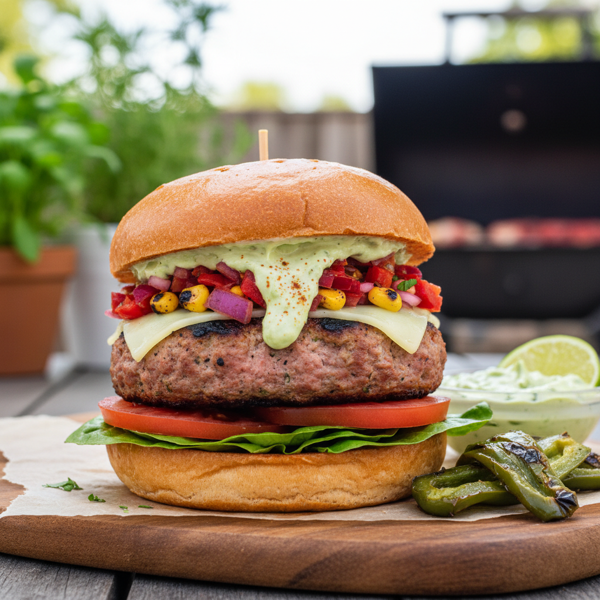 Savory Grilled Turkey Burgers with Spicy Poblano Relish and Creamy Avocado Mayo recipe
