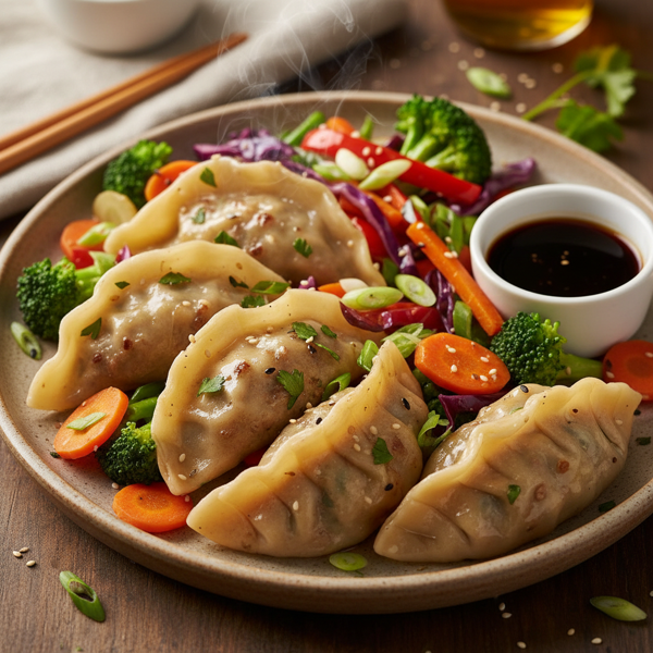 Savory Ground Beef Dumplings with Seasonal Veggies recipe