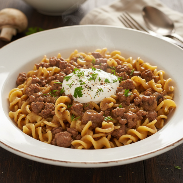 Savory Ground Beef Stroganoff with Egg Noodles recipe