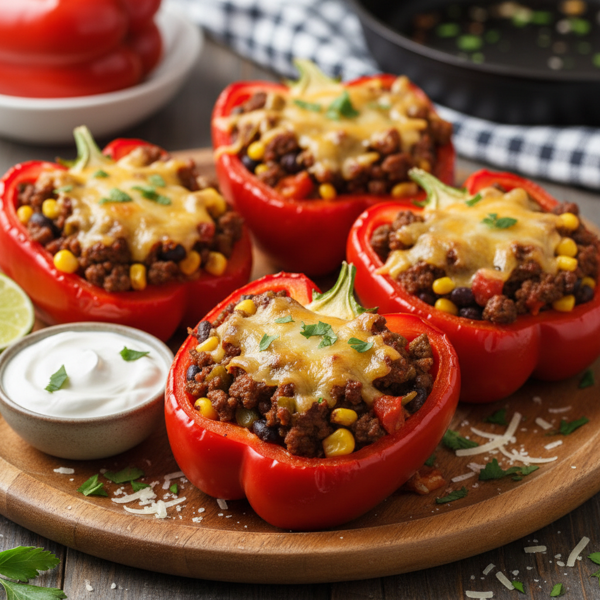 Savory Ground Beef Stuffed Red Bell Peppers recipe