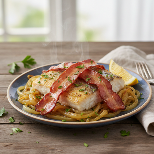 Savory Haddock with Crispy Bacon and Caramelized Onions recipe