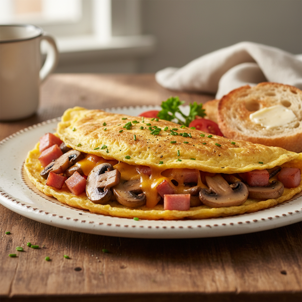 Savory Ham, Mushroom, and Cheddar Omelette Delight recipe