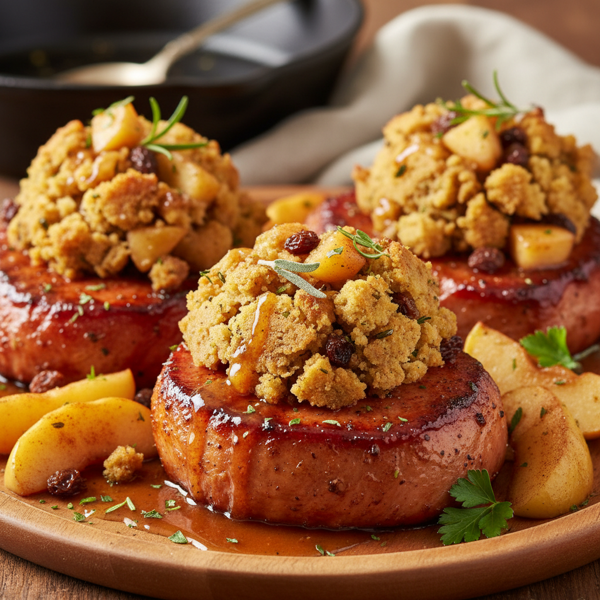 Savory Ham Steaks with Spiced Apple and Herb Stuffing recipe