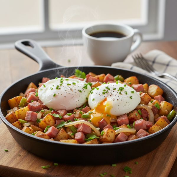 Savory Ham & Potato Hash with Poached Eggs recipe