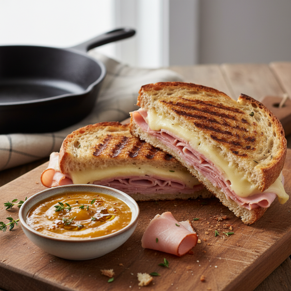 Savory Ham and Manchego Panini with Apricot-Dijon Dipping Sauce recipe