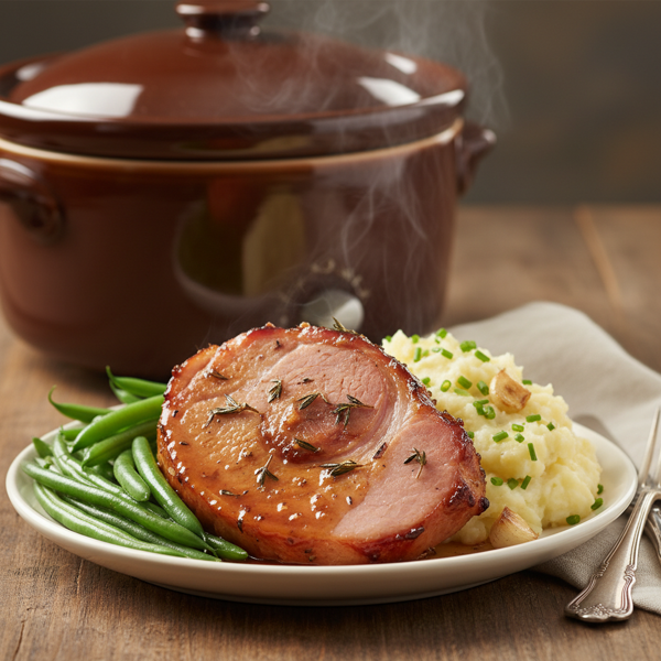 Savory Ham with Green Beans and Garlic Mashed Potatoes (Crock Pot) recipe