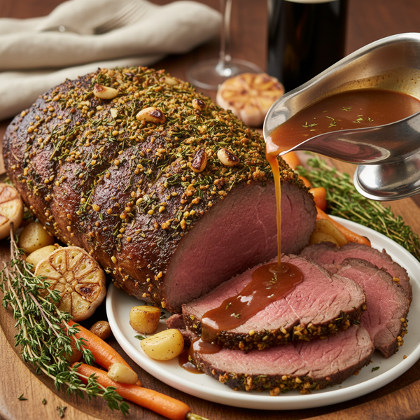 Savory Herb-Crusted Baron of Beef with Thyme Au Jus recipe