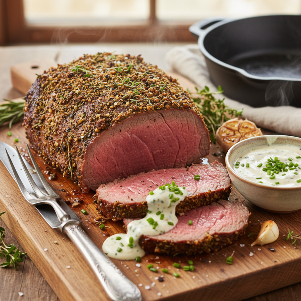 Savory Herb-Crusted Sirloin Tip Roast with Tangy Horseradish-Chive Sauce recipe