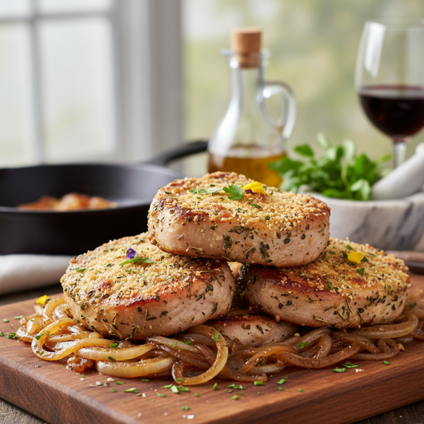 Savory Herb-Infused Pork Chops with Caramelized Onions and Parmesan Crust recipe