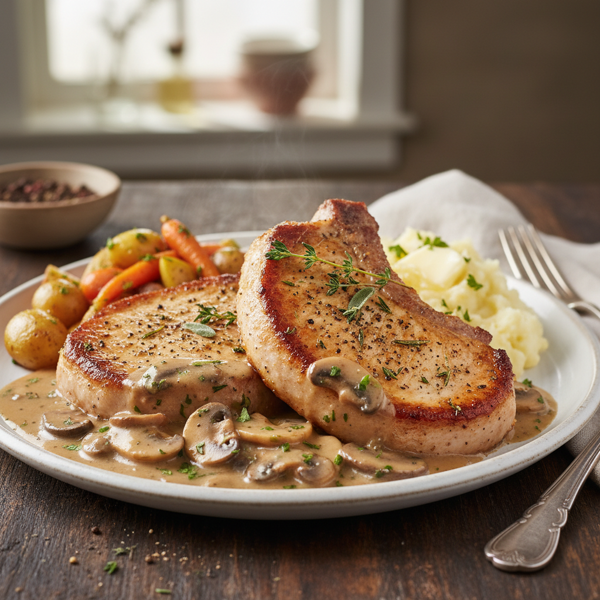Savory Herb-Pork Chops with Creamy Mushroom Gravy recipe
