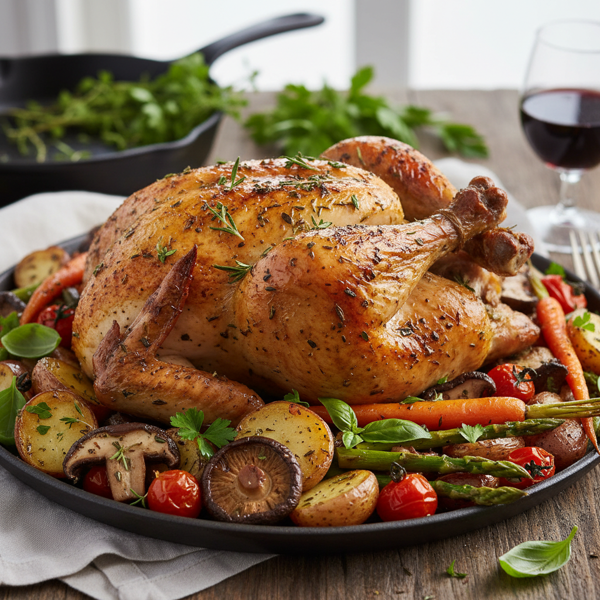 Savory Herb Chicken with Garden Vegetables and Wild Mushrooms recipe