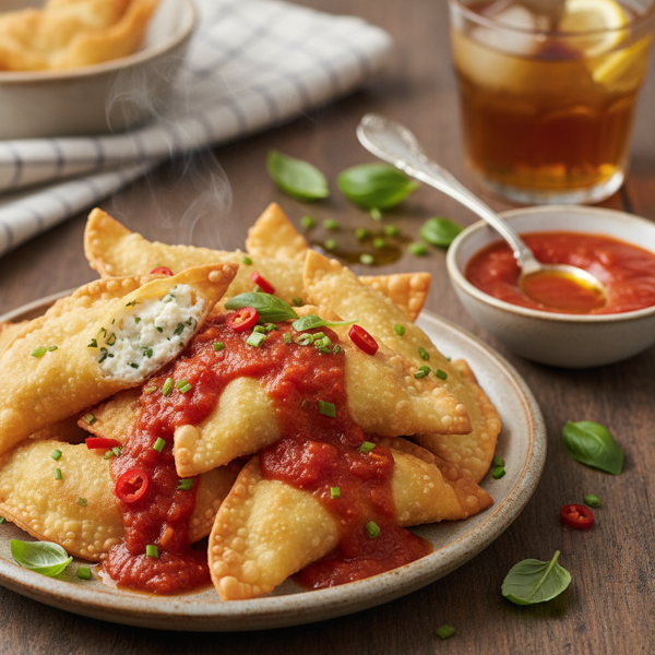Savory Herb and Ricotta Wontons with Fiery Tomato Basil Sauce recipe