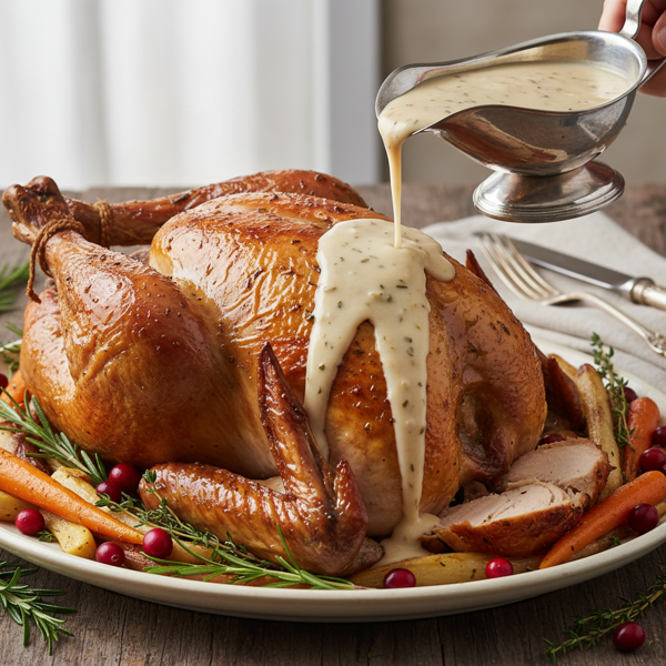 Savory Honey-Brined Roasted Turkey with Velvety Cream Gravy recipe