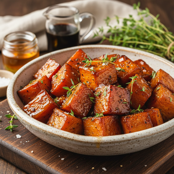 Savory Honey Balsamic Roasted Sweet Potatoes with Thyme recipe