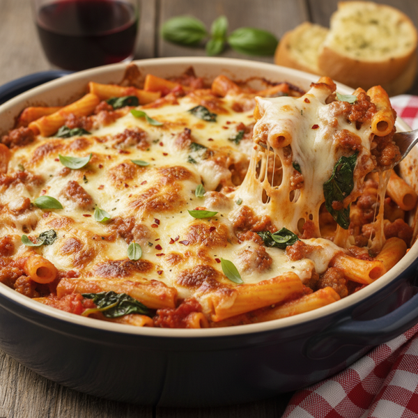 Savory Italian Baked Ziti with Spinach and Sausage recipe