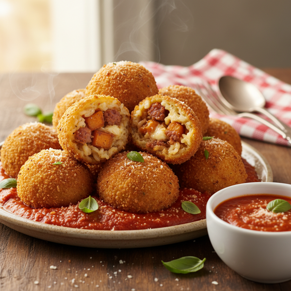 Savory Italian Sausage and Sweet Potato Rice Balls with Zesty Marinara recipe