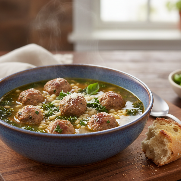 Savory Italian Wedding Soup with Meatballs and Greens recipe