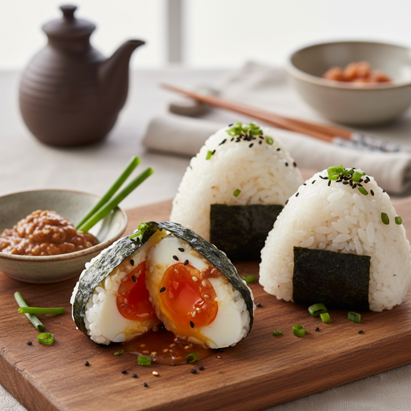 Savory Japanese Onigiri with Miso-Glazed Egg Filling recipe