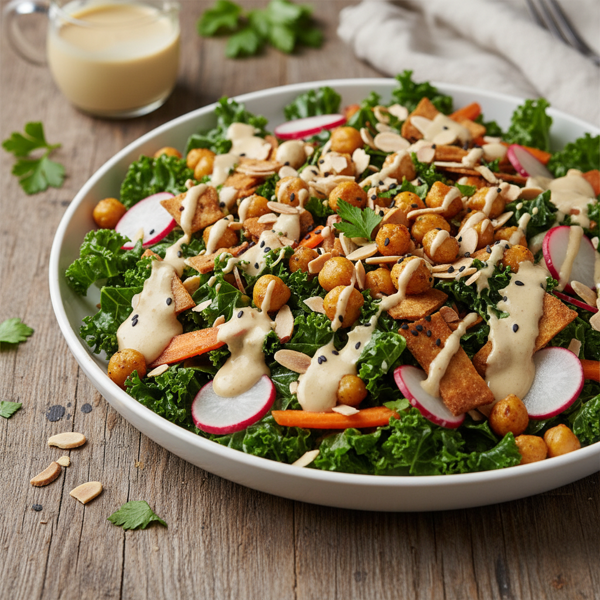 Savory Kale Crunch Salad with Creamy Tahini Dressing recipe