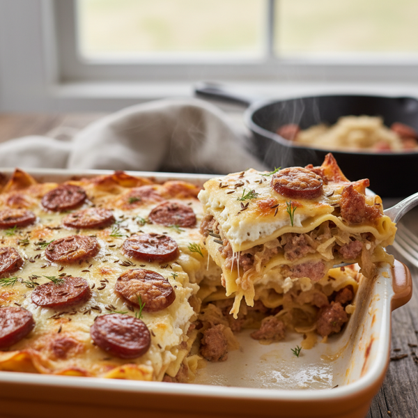 Savory Kielbasa and Sauerkraut Lasagna recipe