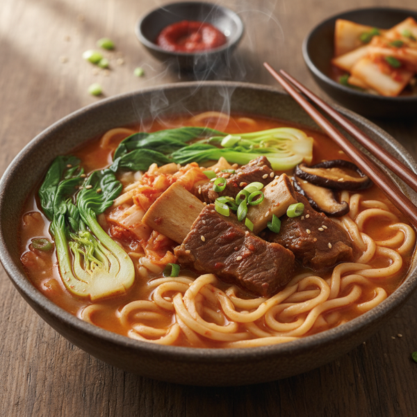 Savory Kimchi Beef Noodle Soup with Bok Choy and Shiitake recipe
