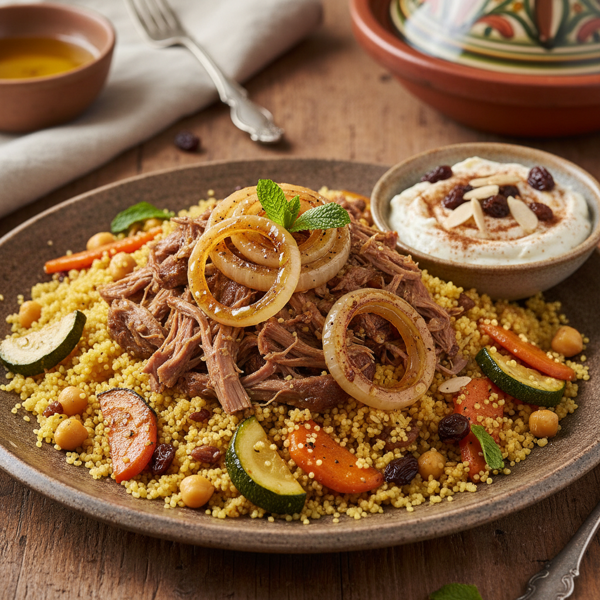 Savory Lamb Couscous with Honeyed Onions and Raisin Dip recipe