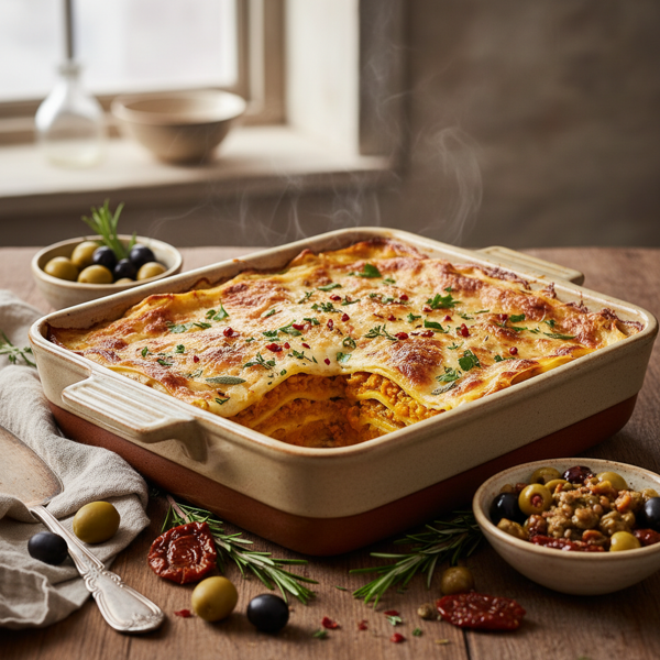 Savory Lentil and Pumpkin Lasagna with Olive Medley recipe