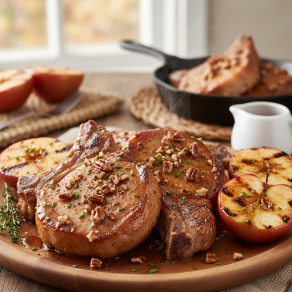 Savory Maple-Glazed Pork Chops with Toasted Pecans and Grilled Apples recipe