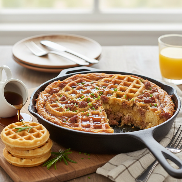 Savory Maple Breakfast Casserole with Waffles and Sausage recipe